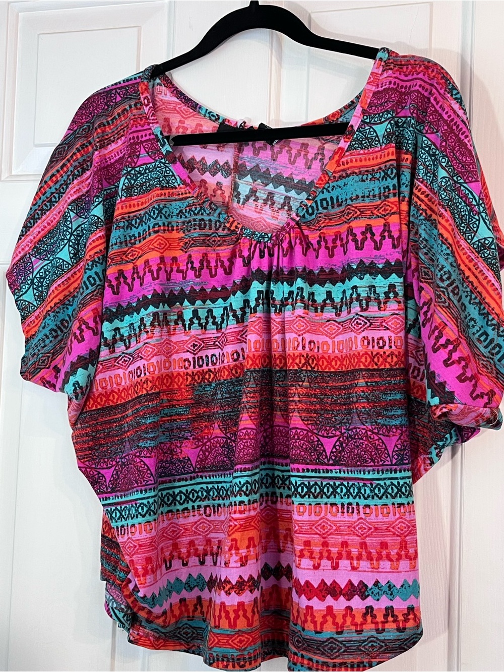 Boho, Festive  V-Neck Printed Flutter Sleeve Top - Multi Color Dolman Sleeves 1X